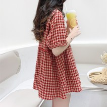 여자 여름 반팔 체크 7부 블라우스 큰 사이즈 셔츠 루즈핏 티셔츠 블라우스