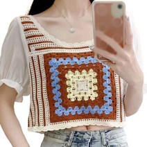 여자 쉬폰 퍼프 짧은 슬리브 셔츠 크로 셰 뜨개질 컬러 블록 스퀘어 스트라이프 치폰 블라우스 크롭 톱 중공 니트 슬리빙 스웨터 조끼