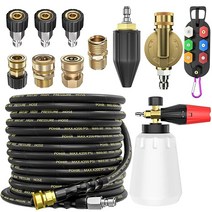 POHIR 압력 세척기 호스 15.2m(50피트) 4200PSI 3/8 퀵 커넥트 QC 어댑터 폼 캐논 피벗 커플러 터보 노즐 및 홀더의 풀 세트 파워 와셔 액세서리 팁 포함 다각, 50ft Full Set