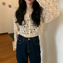 퐁순싸롱 레이스 손뜨개 볼레로 흰색 펀칭 니트 가디건 YJ