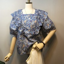 라임브릿지 블루프릴 볼륨 반팔 블라우스