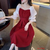 puildaug 달콤한 빨간 드레스 여성의 5 점 소매 봄 허리 슬림 긴 스커트 스커트