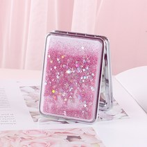 예쁜 펄이 챠르르 휴대용 접이식 원형 사각 미니 양면 소형 화장 거울 포켓 손거울, 사각 분홍