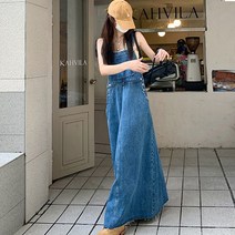 레트로감성 뒷트임 멜빵치마 플레어 클래식 롱치마 데일리 청치마 청 원피스 오버롤 여성