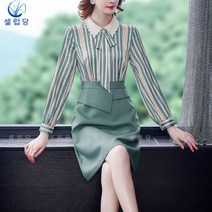 셀럽당 긴팔 도트 스트라이프 원피스 분위기 미디 스커트