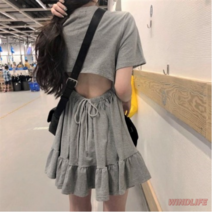 윙드라이프 스트링 뒷트임 밑단프릴 반팔 원피스