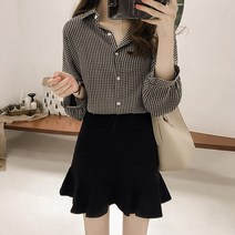 주디앤 여성 체크 카라 퍼프소매 블라우스