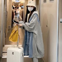 besteffie 여성 봄 가을 롱 청 자켓 후드 가오리핏 박스핏 빅사이즈 배색 긴팔 데님 점퍼 아우터 캐주얼 데일리룩 A88