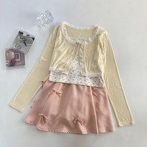 원피스가디건 하객패션 프레리 칙 3 피스 세트 여성 꽃 자르기 탑 레이스 트림 가디건 보우 a 라인 미니 스커트 카와이 옷 스위트 걸즈 의상