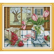 십자수 자수 만들기 창 밖의 사계절 풍경 14ct 11ct 키트 인쇄 캔버스 세트 diy 수제 가정 장식, 하얀, 14ct 미인쇄