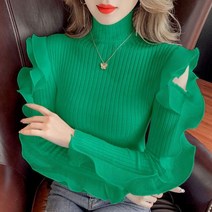 프릴니트 레이스 프릴넥 니트티 프릴 터틀넥 스웨터 스타일 겨울 어깨 니트 셔츠