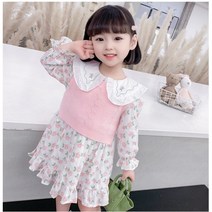 아짱 키즈여아원피스+조끼세트 키즈여아 봄가을신상 핑크조끼플라워원피스세트