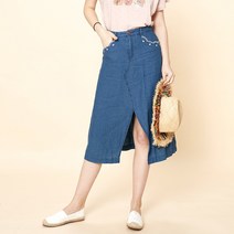 써스데이아일랜드 여성 데님 스커트 미디엄 치마 캐주얼 면 린넨 자수