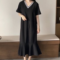퍼니걸스 6360 데일리 배색 브이넥 플레어 반팔 롱 원피스 여성의류