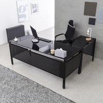 TS12 강화유리책상 세트 사무용 컴퓨터책상 1800x800, 블랙/사이드책상세트