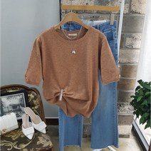 상상그이상 여성용 국내제작 린넨 베이킹 라운드넥 반팔 부드러운 레이온소재 무지 니트티