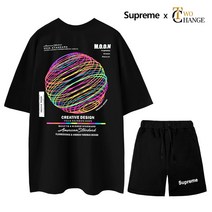 슈프림 정품 트레이닝복 네온써클 5부 오버핏 반팔티셔츠 + 야드 반바지 남녀공용 츄리닝 상하의 세트