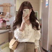 라라벨 여성용 블라우스 호시 브이넥 레이스 로맨틱 블라우스