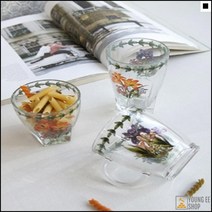 아이스커피잔 나팔꽃프린팅 각진바닥디자인 드라마소품 유리손잡이컵 풀잎유리컵, 대 하이볼