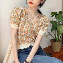 꽃무늬 브이넥 크롭 가디건 여성 기본 귀여운 청순한 얇은 여친 룩 데일리