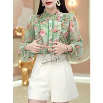 MOLLY 여성 꽃무늬 쉬폰 블라우스 셔츠 상의 레이스장식 하이칼라