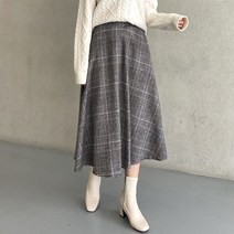 델레브 체크 울 모직 A라인 플레어 햅번 밴딩 롱 스커트
