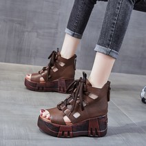 통굽 샌들 여 여름 구미 리얼 가죽 웨지 로마화 빈티지 소가죽 오픈토 펀칭