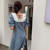 데일리룩 리얼법 스타일 통근 빈티지 도트 패치 로우 라운드 데님 원피스 여하