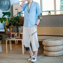 반팔셔츠 린넨 남성 여름 가디건 중국전통의상 커버 클래식 플라워 프린팅 칠부바지 한세트 코디 얇은 289260998