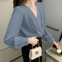 여성용 구김적은 브이넥 랩 긴팔 블라우스