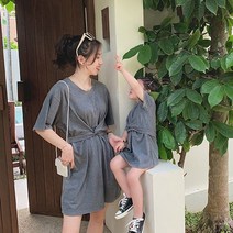 엄마와 나 가족 매칭 복장 여성 드레스 여름 반팔 어머니 딸, [02] mom long dress, [01] GRAY
