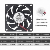 Gdstime-PC 노트북 컴퓨터 산업용 냉각 팬 슬리브 볼 베어링 7cm 70mm 7015 DC 5V 12V 24V 2 핀 와이, 12V Oil 2PIN 2800RPM