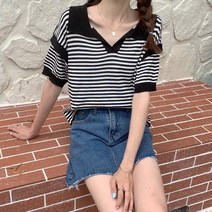 나루니 W04737 카라넥 카라티셔츠 여성티셔츠 스프라이트 줄무늬
