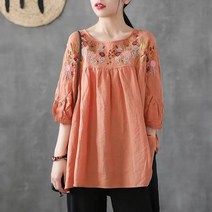 아사면 블라우스 린넨 루즈핏 블라우스레트로 짧은 소매 자수 코튼 린넨 블라우스 여성 탑 레저 라운드 칼