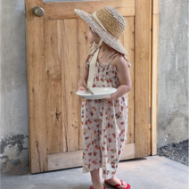 돌 아기 유아동 키즈 여자 아이 여름 자매룩 둥이룩 기본 캐주얼 베이지 셔링 프릴 끈 나시 민소매 와이드 통 일자 얇은 꽃무늬 열매 점프 슈트 면 오버롤