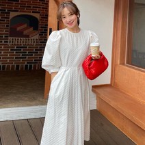 [당일배송] Tamina 도트 롱 원피스 퍼프소매 빈티지 헵번 바람 루즈핏 여름 스커트
