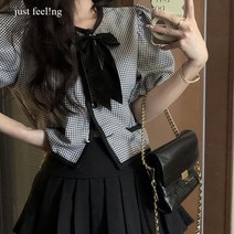 just feel!ng 여성용 여름 가을 블라우스 주름스커트 세트 커플룩 상하세트 미니스커트 투피스 세트