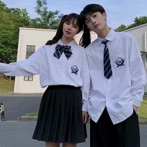 jk dk 유니폼 남 화이트 셔츠 긴팔 화이트 셔츠 커플룩 반바지 루즈핏 자수 커플룩
