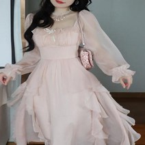 핑크 쉬폰 부드러운 빈티지 스위트 드레스 여성 프랑스 파티 미디 스타일 플레어 슬리브 여름