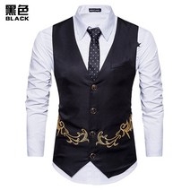 남성 꽃 자수 조끼 패션 민소매 조끼 웨딩 파티 비즈니스 gilet homme 남성 싱글 버튼 정장 재킷 xxl