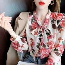 꽃무늬블라우스 여자남방 봄블라우스 장미플라워 쉬폰 리본포인트 A09