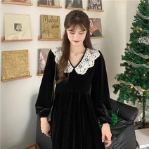 잇츠스타일 레이스 카라 벨벳 플레어 롱원피스