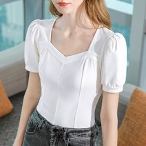 반팔 티셔츠 여하 2022 여성복 빈티지 네모난 칼라 순색 스판 면 티셔츠 프렌치 퍼프 소매 상의
