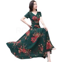 ROGBID 여름 브이넥 큰 사이즈 여성복 헐렁헐렁 날씬 중롱 프린트 반팔 원피스 스커트