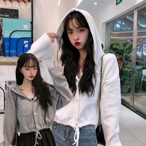 니유컴퍼니 허리 스트링 후드 긴팔 단추 가디건 스타일 봄 가을 여유핏 자켓 면 후디