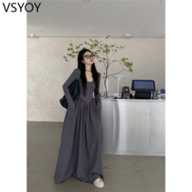 vsyoy 회색 가을 사각 칼라 긴 소매 허리 드레스 기질 지퍼-라인 스커트 여성의 새로운 긴 깔끔한 스커트 슬림