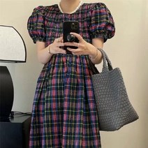 돌잔치복장 결혼식하객룩여자 격자 무늬 퍼프 슬리브 허리 포옹 드레스 여성 의류 스타일 복고풍 기질 슬리밍 롱 스커트 여름