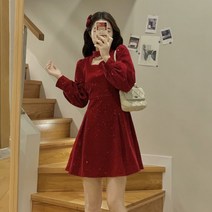Sevalo 부르고뉴 크리스마스 드레스 여성 가을 겨울 새해 2023 새로운 스타일 짧은 드레스 젊은 연례 회의