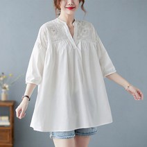 펀칭블라우스 레이스 아일렛 벌룬 자수 여자 브라우스 예쁜 빅사이즈 반팔 셔링 쉬폰 빅카라 셔츠