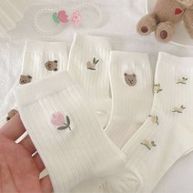 곰돌이 꽃 자수 베이직 양말 프린팅 기본 예쁜 중목 화이트 면